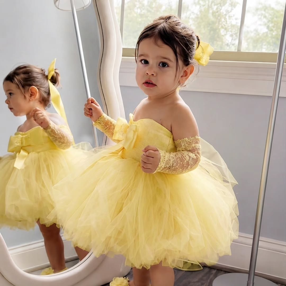 Bridal Sash Ribbon - ชุดเดรสเจ้าหญิงสีเหลืองสำหรับงานแต่งงาน แบบเปิดไหล่ ความยาวระดับเข่า สำหรับเด็ก งานวันเกิด พิธีศีลมหาสนิท