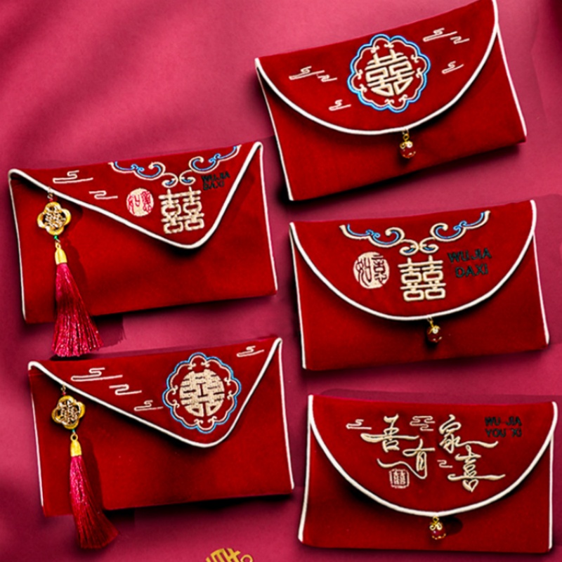 Wedding Envelopes - ซองอั่งเปาแต่งงานลายหลากหลาย 1 ชิ้น พร้อมลายปักอวยพรปีใหม่ ดีไซน์พู่ห้อย ผ้ากำมะหยี่