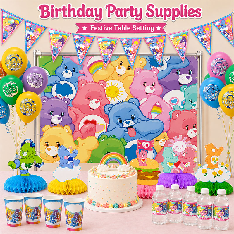 Confetti Balloon Set - ชุดอุปกรณ์ตกแต่งงานวันเกิดธีมหมีแคร์แบร์หลากสีสัน ประกอบด้วยจาน ธงรูปทรงรังผึ้ง ฉากหลัง และชุดลูกโป่ง สำหรับตกแต่งโต๊ะในงานเฉลิมฉลองเทศกาล