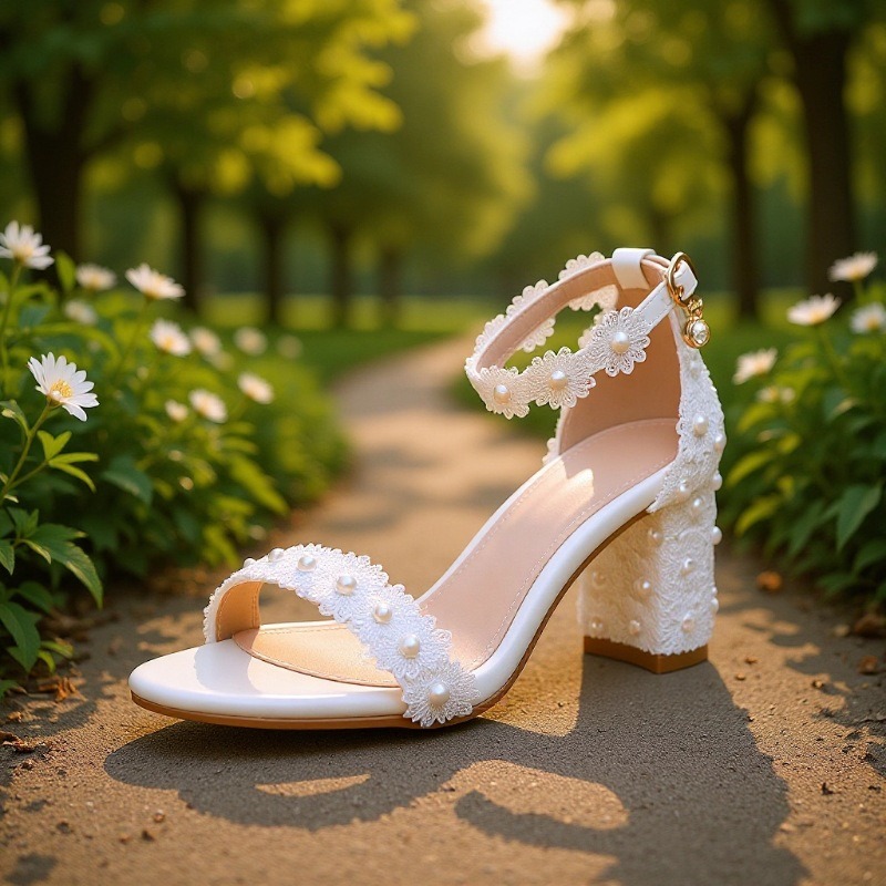 Wedding Fx - รองเท้าแต่งงานประดับมุกสีขาวลายลูกไม้ดอกไม้ประดับด้วยลูกปัด รุ่นใหม่ประจำฤดูร้อนปี 2026 ส้นหนา 7 ซม.