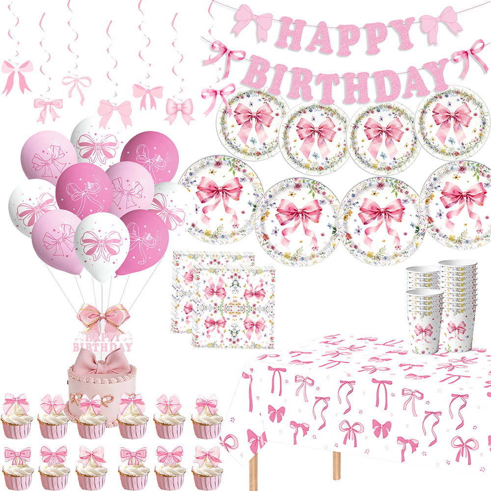 Confetti Balloon Set - โบว์สีชมพู ของตกแต่งวันเกิดสำหรับเด็กผู้หญิง จาน ผ้าเช็ดปาก แก้ว ถ้วย