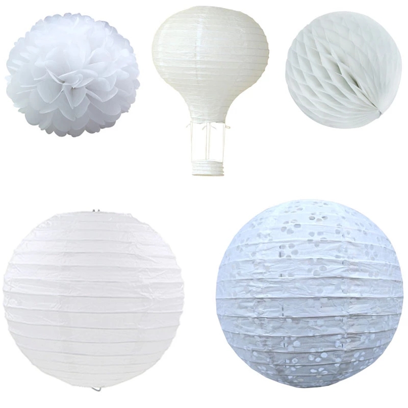 Confetti Balloon Set - โคมไฟกระดาษจีนสีขาว 1 ชิ้น ลูกบอลกระดาษลายดอกไม้ ลูกบอลรังผึ้ง บอลลูนลมร้อน